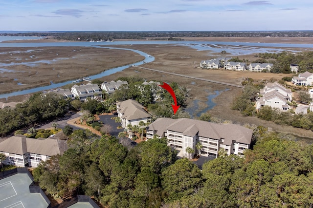 aerial view with a water view and a residential view