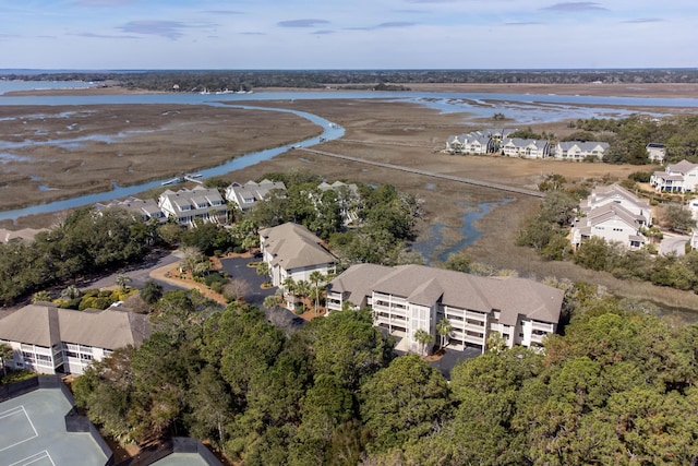 aerial view featuring a residential view and a water view