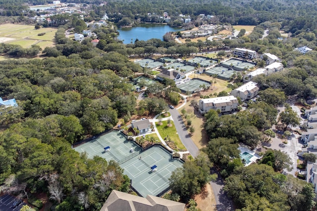 bird's eye view featuring a water view and a residential view