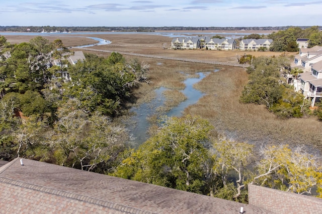 aerial view with a water view and a residential view