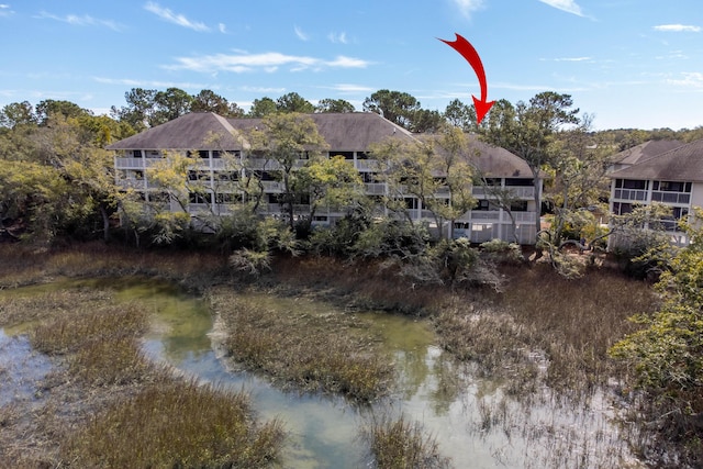 exterior space featuring a water view