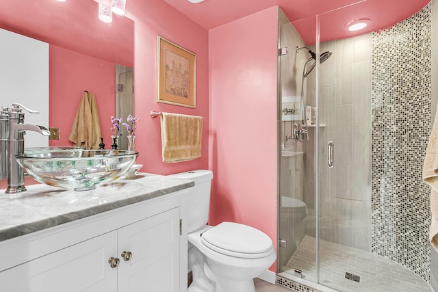 bathroom featuring vanity, toilet, and a shower with shower door