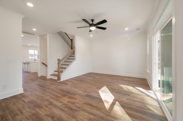 414 Katies Scenic Ct, Charleston, SC 29492 - spare room with ceiling fan, wood finished floors, stairs, and recessed lighting