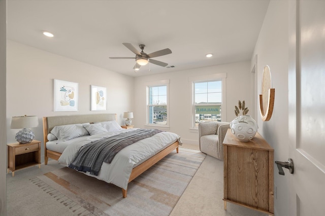414 Katies Scenic Ct, Charleston, SC 29492 - bedroom featuring light carpet, a ceiling fan, visible vents, and recessed lighting