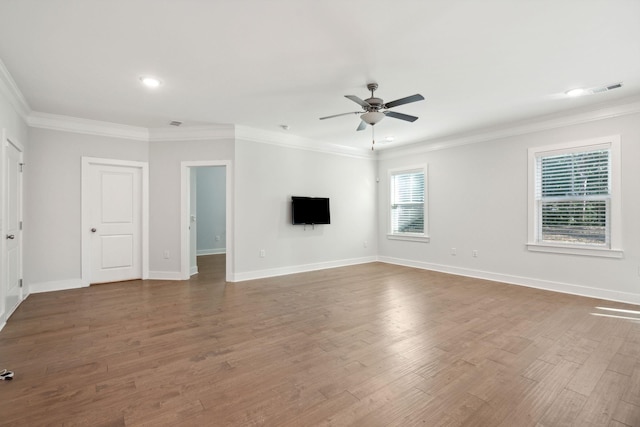 unfurnished living room featuring crown molding, wood-type flooring, and ceiling fan