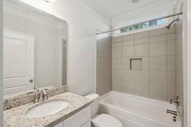 full bathroom with vanity, tiled shower / bath combo, ornamental molding, and toilet