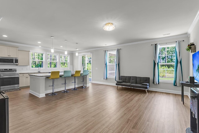 404 Bowstring Dr, Huger, SC 29450 - kitchen featuring appliances with stainless steel finishes, open floor plan, a breakfast bar area, crown molding, and recessed lighting