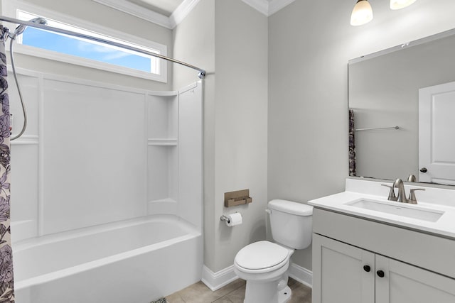 404 Bowstring Dr, Huger, SC 29450 - bathroom featuring ornamental molding, vanity, toilet, shower / bath combination with curtain, and baseboards
