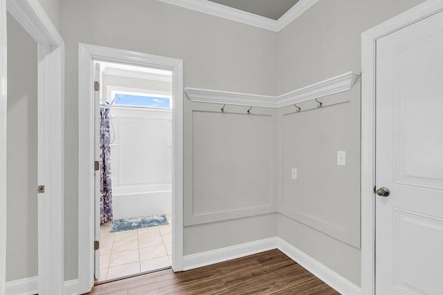 404 Bowstring Dr, Huger, SC 29450 - mudroom featuring crown molding, dark wood-style floors, and baseboards