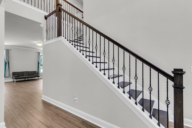 404 Bowstring Dr, Huger, SC 29450 - stairs featuring wood finished floors, baseboards, and ornamental molding