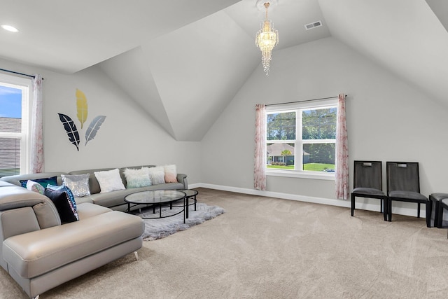 404 Bowstring Dr, Huger, SC 29450 - living room with carpet floors, baseboards, lofted ceiling, and recessed lighting