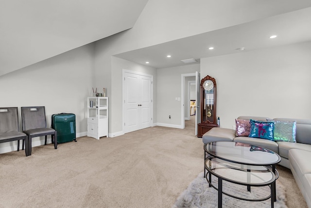 404 Bowstring Dr, Huger, SC 29450 - living room featuring light carpet, recessed lighting, lofted ceiling, and baseboards