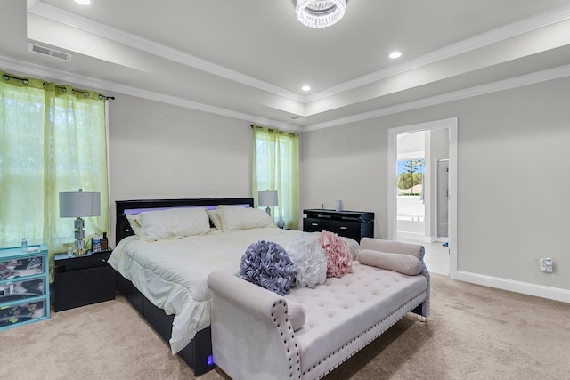 404 Bowstring Dr, Huger, SC 29450 - carpeted bedroom featuring recessed lighting, a tray ceiling, ornamental molding, baseboards, and ensuite bath