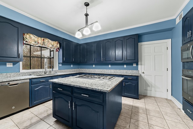 1560 NW Lee Blvd, Orangeburg, SC 29118 - kitchen featuring a center island, pendant lighting, ornamental molding, stainless steel appliances, and blue cabinets