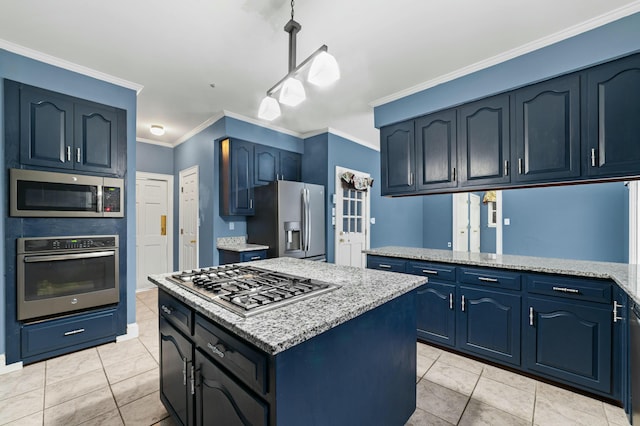1560 NW Lee Blvd, Orangeburg, SC 29118 - kitchen featuring a kitchen island, stainless steel appliances, crown molding, and light stone countertops