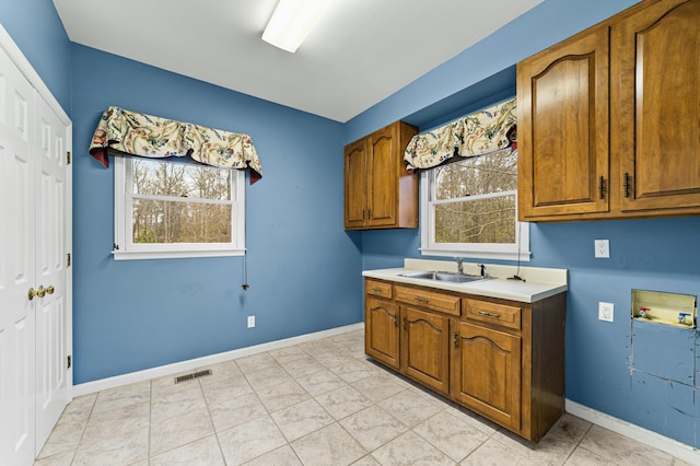 1560 NW Lee Blvd, Orangeburg, SC 29118 - kitchen with visible vents, brown cabinets, a sink, light countertops, and baseboards
