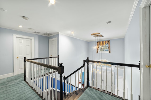 1560 NW Lee Blvd, Orangeburg, SC 29118 - hallway featuring carpet, an upstairs landing, visible vents, and ornamental molding