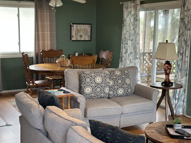 1736 E Ashley Ave, Folly Beach, SC 29439 - living area with wood finished floors and ceiling fan