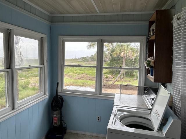 1736 E Ashley Ave, Folly Beach, SC 29439 - washroom featuring washer / clothes dryer, wood ceiling, and crown molding