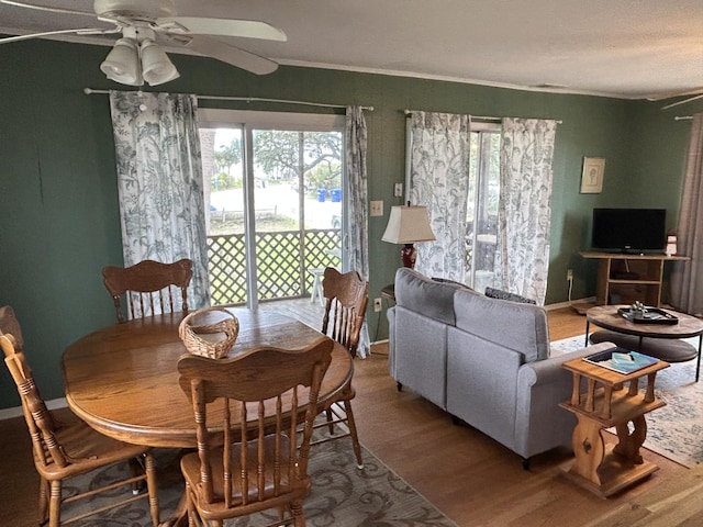 1736 E Ashley Ave, Folly Beach, SC 29439 - dining room featuring a ceiling fan, wood finished floors, crown molding, and baseboards