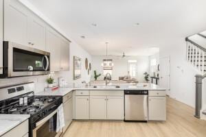 kitchen featuring sink, light hardwood / wood-style flooring, kitchen peninsula, and appliances with stainless steel finishes