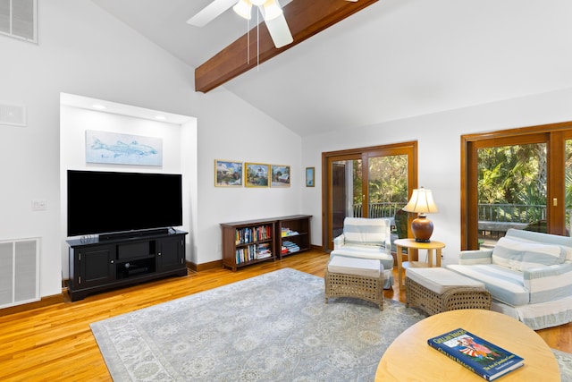 living room featuring beam ceiling, ceiling fan, light hardwood / wood-style flooring, and high vaulted ceiling