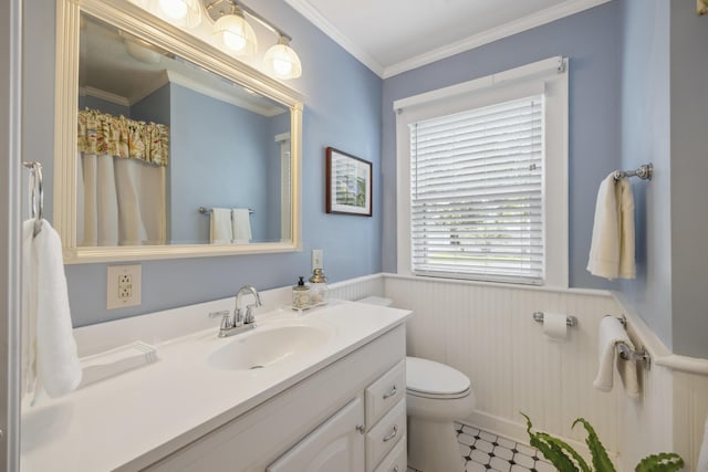 647 Ellis St, Mount Pleasant, SC 29464 - full bathroom featuring toilet, wainscoting, vanity, ornamental molding, and tile patterned floors