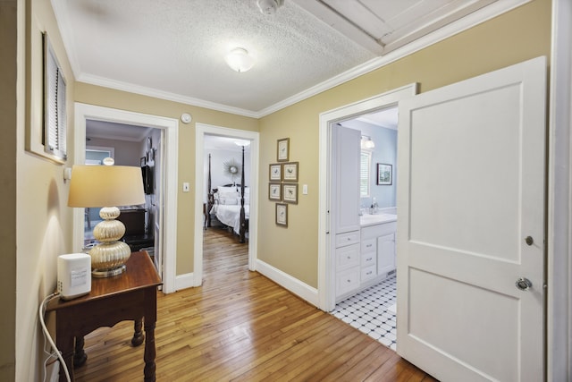 647 Ellis St, Mount Pleasant, SC 29464 - hallway featuring light wood-type flooring, ornamental molding, a textured ceiling, and baseboards