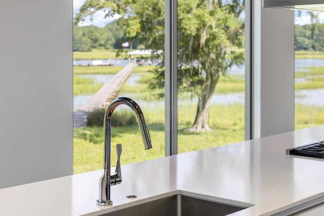 interior details featuring sink and a water view