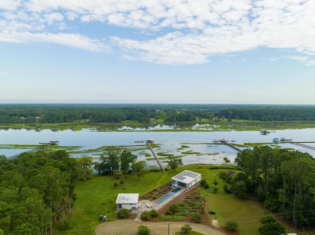 drone / aerial view featuring a water view