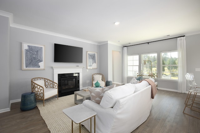 living room featuring hardwood / wood-style flooring and ornamental molding