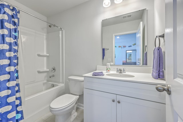 full bath featuring visible vents, toilet, shower / tub combo, vanity, and tile patterned flooring