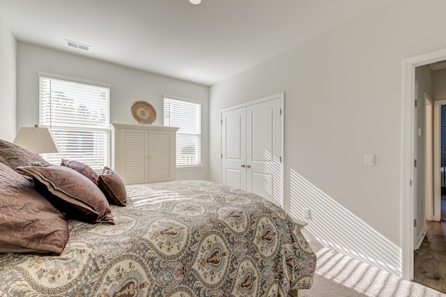 bedroom featuring carpet and a closet