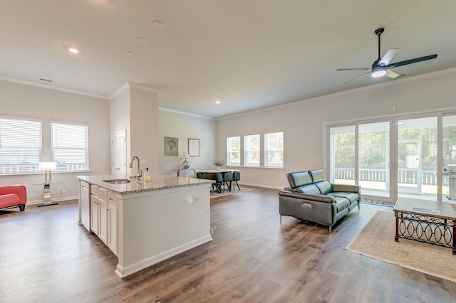 kitchen featuring light stone countertops, crown molding, sink, a center island with sink, and hardwood / wood-style floors