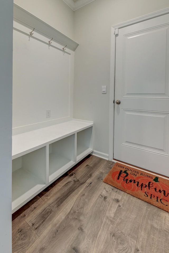 mudroom with hardwood / wood-style flooring and ornamental molding