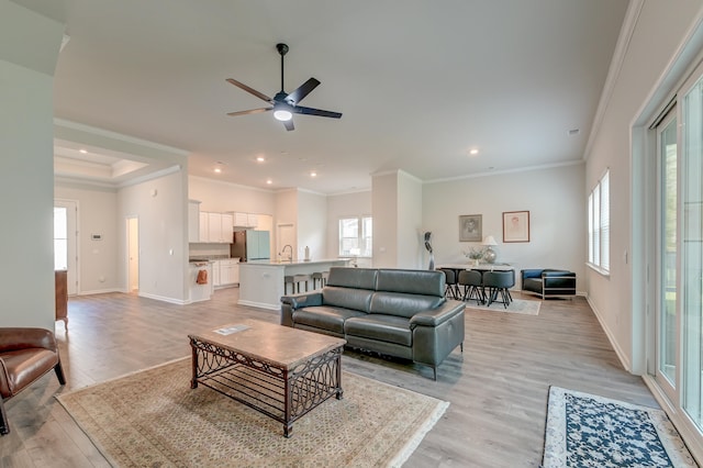 living room featuring light hardwood / wood-style floors, ceiling fan, and crown molding