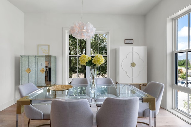 dining room featuring a chandelier, hardwood / wood-style floors, and a healthy amount of sunlight