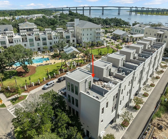 drone / aerial view with a water view