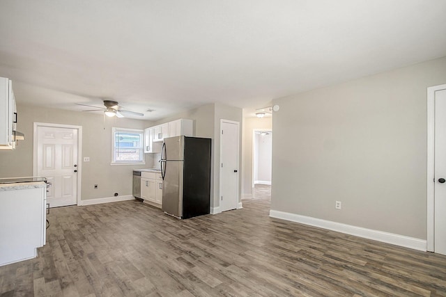 1530 Orange Grove Rd Unit A & B, Charleston, SC 29407 - kitchen featuring appliances with stainless steel finishes, ceiling fan, white cabinetry, and dark wood-style floors