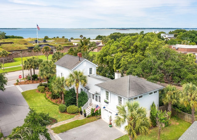 drone / aerial view featuring a water view