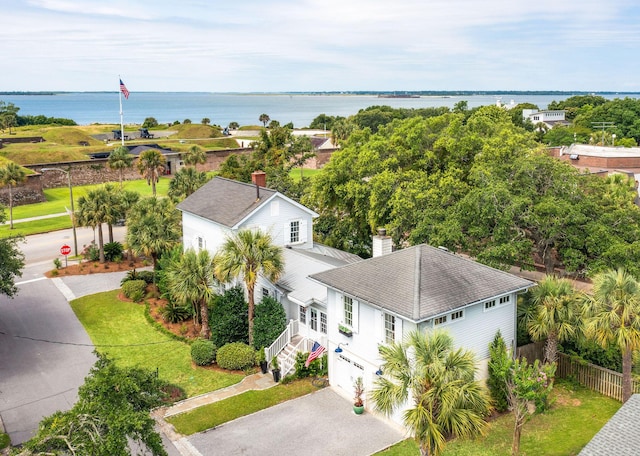 drone / aerial view with a water view