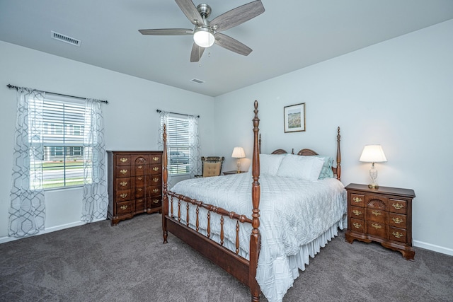 bedroom featuring visible vents, carpet flooring, and baseboards
