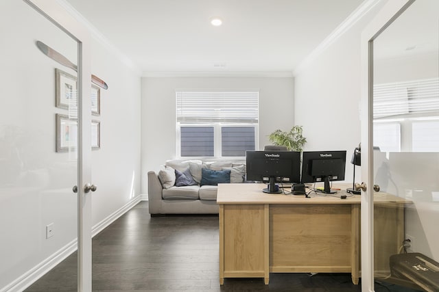 office space featuring crown molding and dark hardwood / wood-style flooring