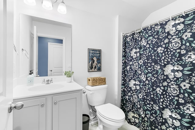 bathroom featuring vanity, vaulted ceiling, and toilet