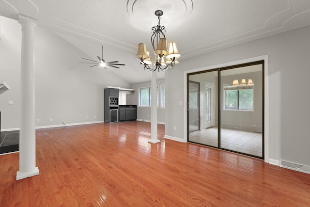 105 Londonderry Rd, Goose Creek, SC 29445 - unfurnished living room with a chandelier, light wood finished floors, a ceiling fan, and vaulted ceiling