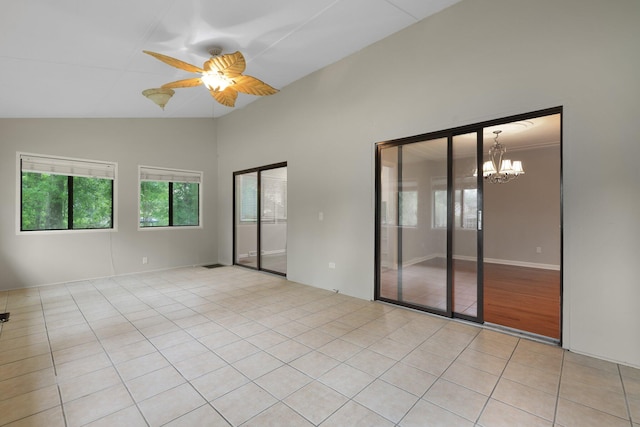 105 Londonderry Rd, Goose Creek, SC 29445 - unfurnished room featuring a chandelier, ceiling fan, light tile patterned floors, and high vaulted ceiling