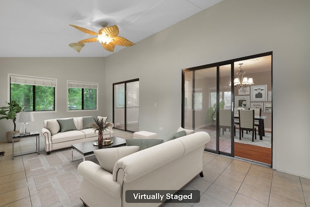 105 Londonderry Rd, Goose Creek, SC 29445 - living area featuring a chandelier, ceiling fan, light tile patterned floors, and high vaulted ceiling