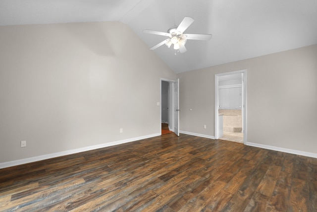 105 Londonderry Rd, Goose Creek, SC 29445 - unfurnished bedroom featuring dark wood-style floors, baseboards, ensuite bath, high vaulted ceiling, and ceiling fan
