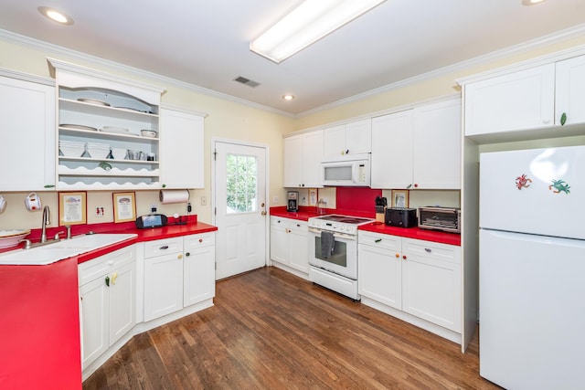 2613 Rivertowne Pkwy, Mount Pleasant, SC 29466 - kitchen featuring white appliances, open shelves, a sink, dark wood-type flooring, and white cabinetry