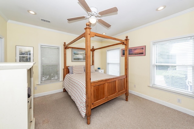 2613 Rivertowne Pkwy, Mount Pleasant, SC 29466 - bedroom featuring light carpet, baseboards, ornamental molding, recessed lighting, and a ceiling fan